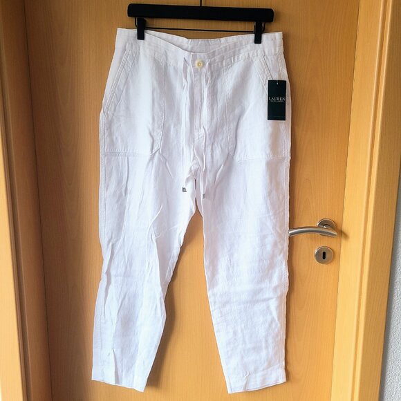 Lauren Ralph Lauren White 100% Linen Drawstring Straight Leg Pants Size 8 - Picture 15 of 16
